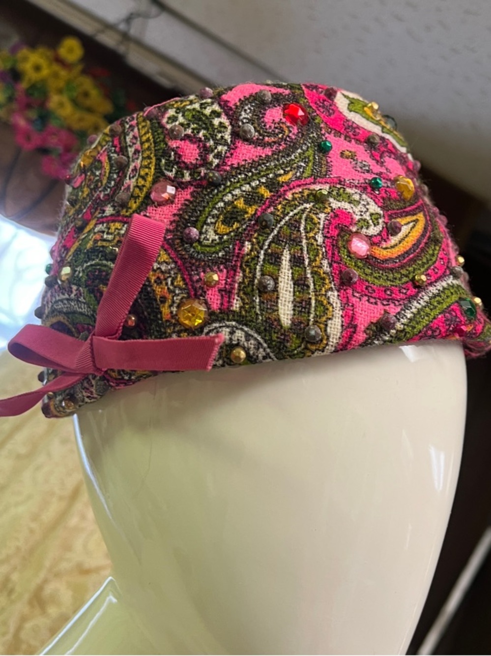 Vintage Gus Mayer Pillbox Hat Pink Paisley Beaded with Ribbon Original Tags